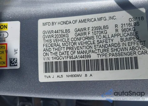 2018 Honda Accord Touring z USA, uszkodzony, nr VIN 1HGCV1F95JA144599